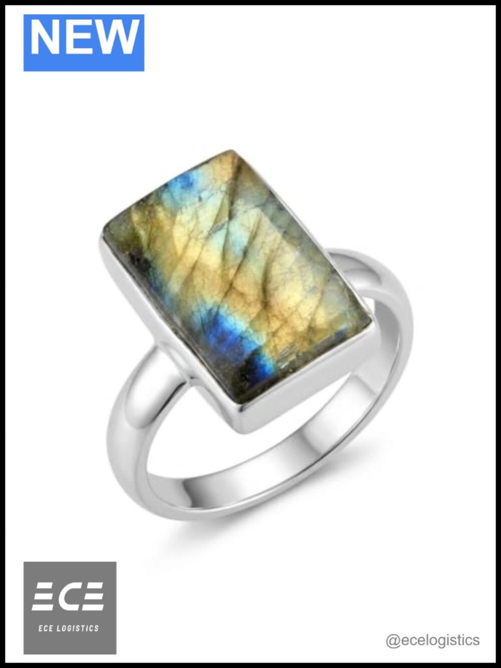 Natural Labradorite 925 Sterling Silver Ring Size 8.25 Emerald-Shape Solitaire